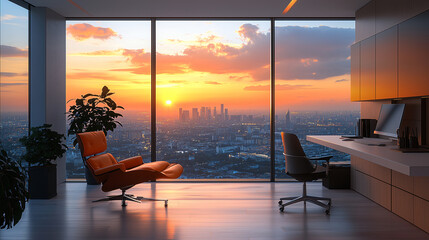 Fototapeta premium Minimalist home office with orange ergonomic chair, white desk, floor-to-ceiling windows