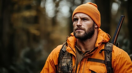 Obraz premium A rugged man dressed in an orange jacket and beanie, accompanied by a backpack and a rifle, explores a dense, green forest during autumn.