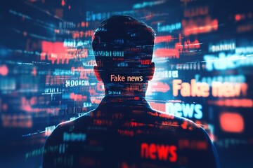 The man is in a stream of information that contains fake news.