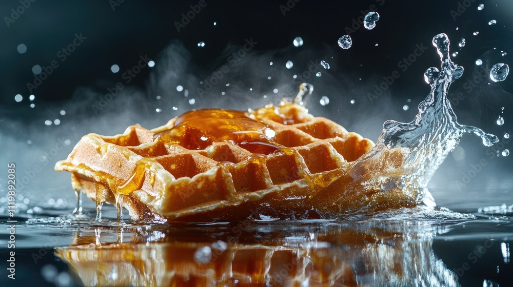 Aufkleber crispy waffle splashing in water with glazing syrup creating a dynamic and refreshing breakfast scen