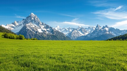 Fototapeta premium A picturesque landscape featuring snow-capped mountains under a clear blue sky, bordered by lush green fields.