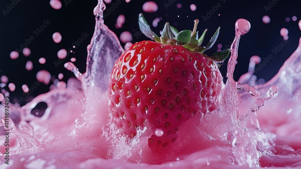 Aufkleber fresh strawberry splashing into pink liquid creating dynamic and colorful visuals with captivating w