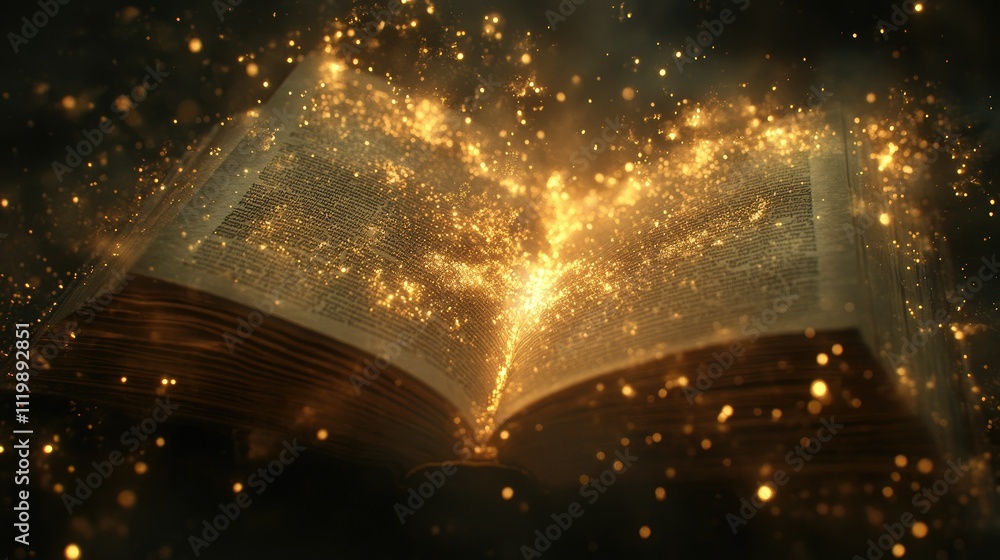 Poster enchanting open book radiating glowing particles, creating a magical atmosphere filled with wonder a