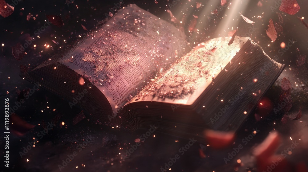 Poster ethereal open book surrounded by floating particles and glimmering dust capture with light beams cre