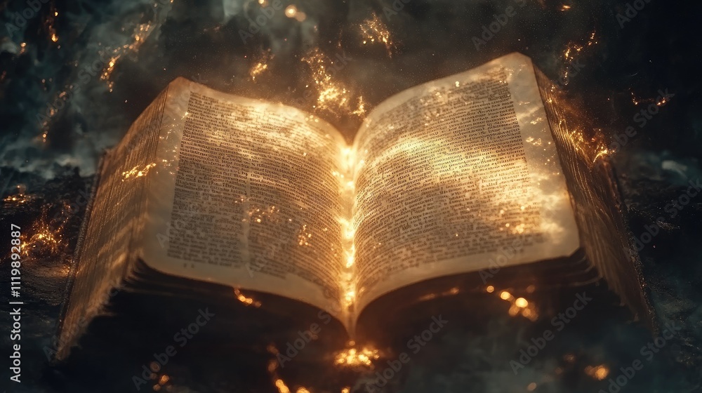 Aufkleber enchanted open book illuminated with glowing sparks surrounded by mysterious smoke and light edges c