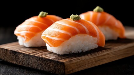 This image depicts a close-up view of three pieces of sushi, showcasing slices of fresh salmon neatly placed on rice, with a touch of wasabi on top of each piece.
