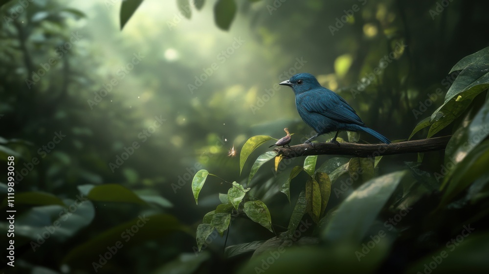 Aufkleber a vibrant blue bird perched on a branch in a lush green rainforest, surrounded by soft light filteri
