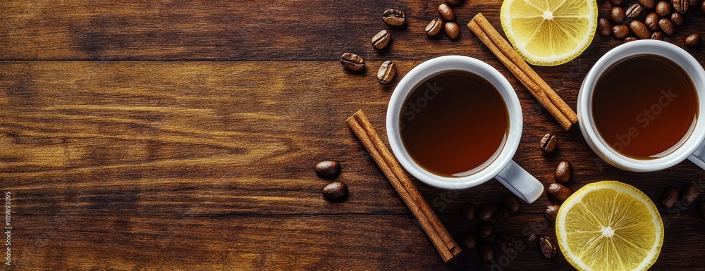Poster two cups of coffee with lemon slices and cinnamon sticks on a wooden table.