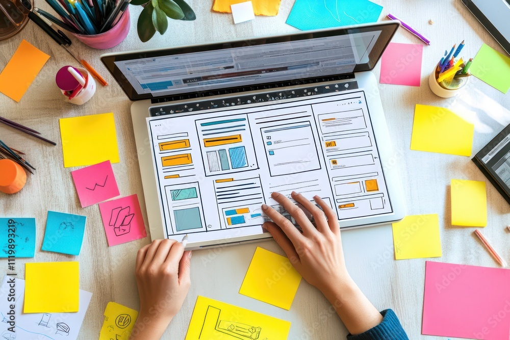 Poster A workspace with a laptop displaying design mockups and colorful sticky notes.