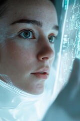 A woman is looking at a screen with a blue background. The woman is wearing a white suit and has a blue helmet on. The blue background and the white suit give the impression of a futuristic setting