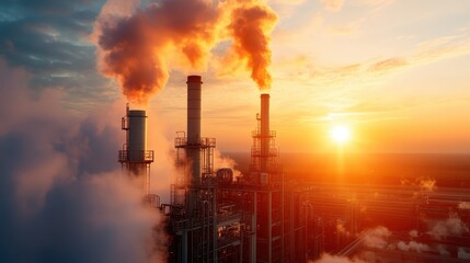 A large industrial plant emits smoke from its tall chimneys against the backdrop of a stunning sunset, symbolizing environmental impact and industrialization.