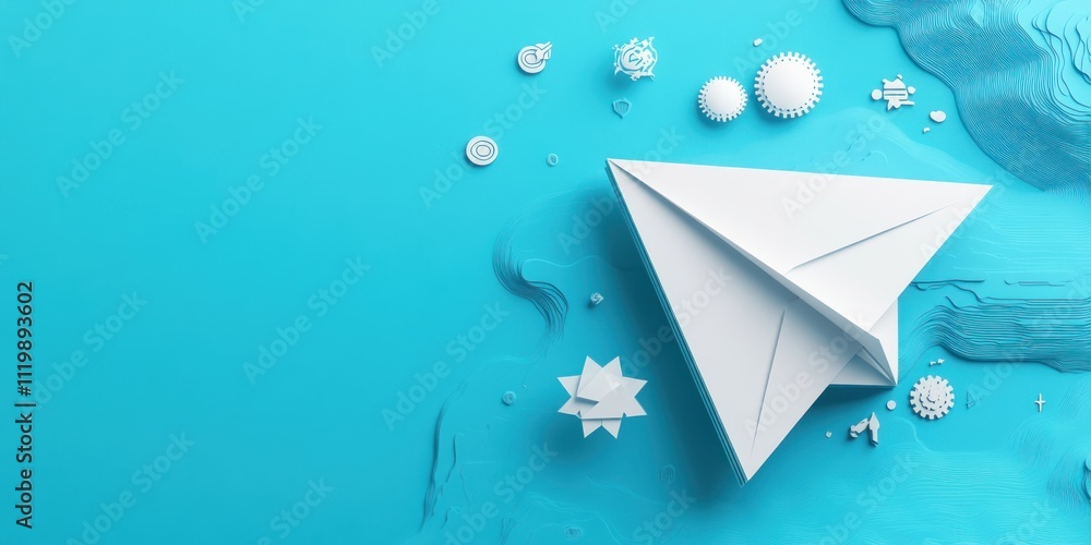 Aufkleber a white paper airplane on a blue background with various abstract shapes and textures.