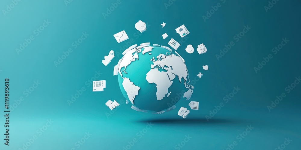 Poster A globe surrounded by various digital icons representing communication and technology.