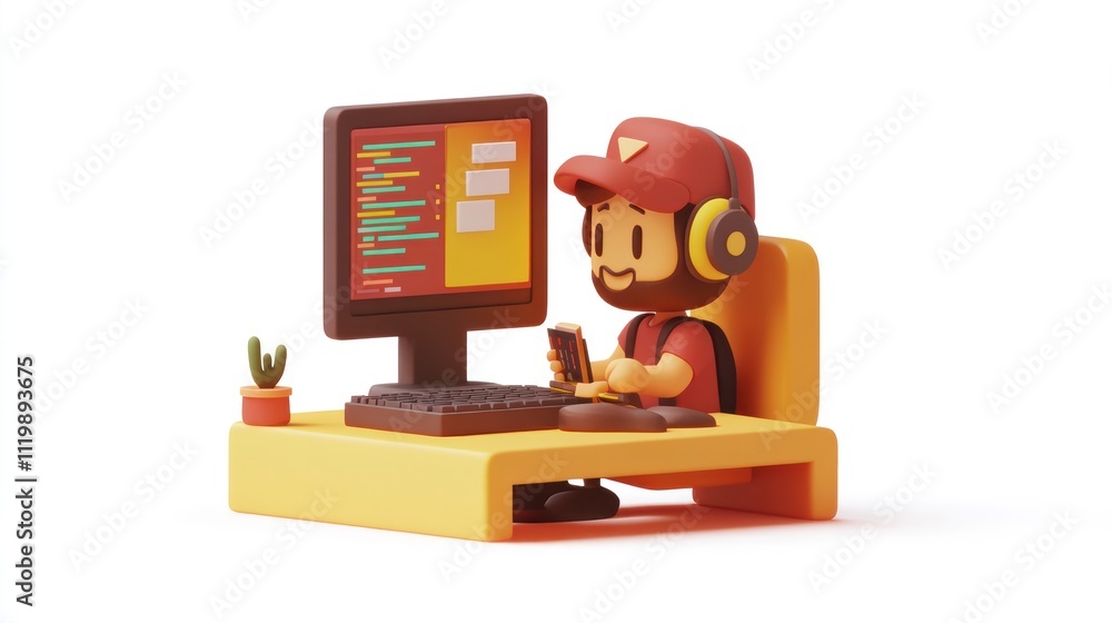 Poster a cartoon character coding at a computer with headphones and a plant on the desk.