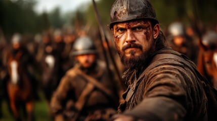 Obraz premium A fierce medieval warrior, his face smeared with battle scars, leads a charge with his fellow soldiers, conveying determination and unyielding ferocity.