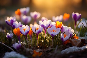 Purple crocuses in the forest in sunny weather