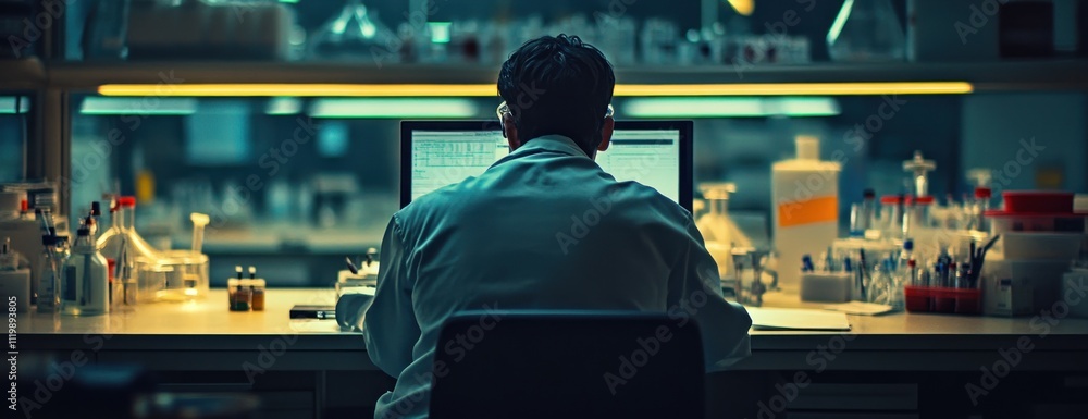 Poster a scientist working at a computer in a laboratory filled with glassware and equipment.