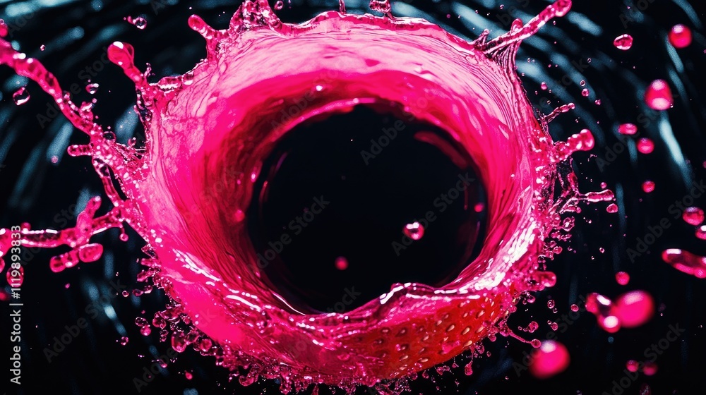 Poster stunning close-up of a strawberry splashing into pink liquid, capturing dynamic water droplets in a 