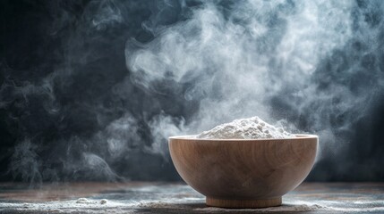 Wooden bowl with flour surrounded by dramatic smoke
