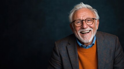 An elderly man with white hair and a beard, wearing glasses and an orange sweater, smiles joyously against a dark, plain background. A portrait of warmth and wisdom.