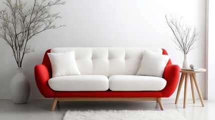 Fototapeta premium A striking white and red sofa with clean lines is juxtaposed against minimalist decor, featuring soft pillows and sparse branches in a sleek, modern room.