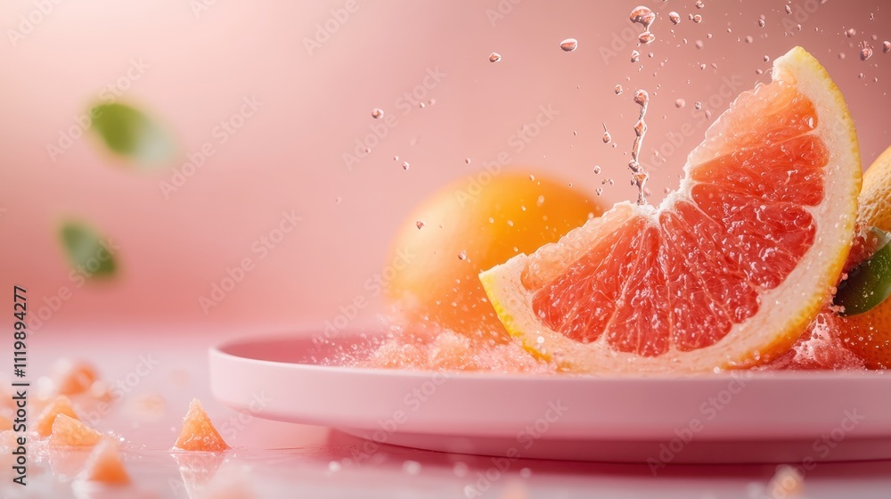 Poster a grapefruit slice splashing dynamically with droplets in the air, symbolizing freshness and vitalit