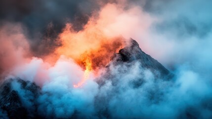 Fototapeta premium A breathtaking view of a volcanic eruption with fiery lava and dense smoke billowing skyward, creating a magnificent and intense natural spectacle.