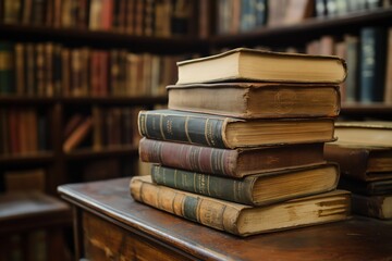 Fototapeta premium A charming collection of old books stacked on a desk, evoking nostalgia and knowledge.