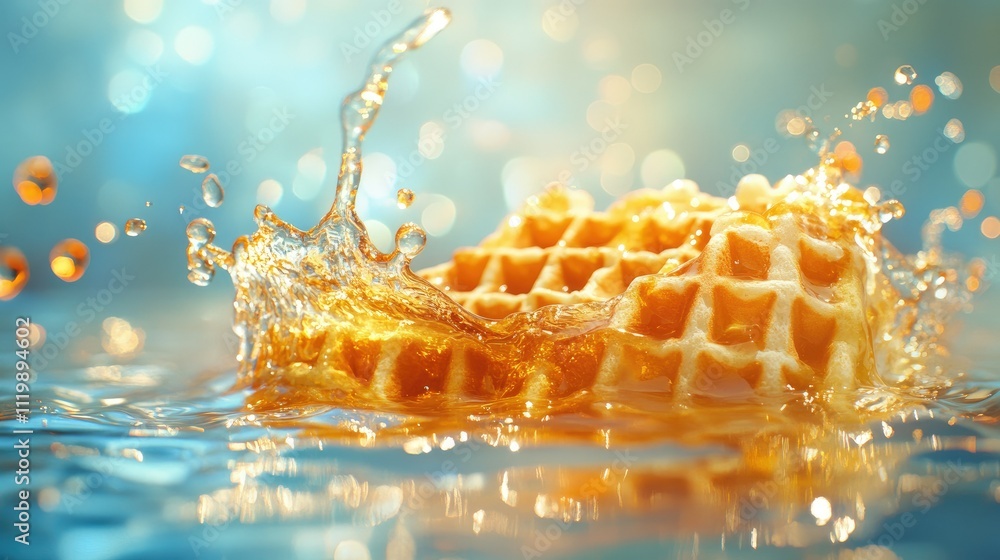 Aufkleber delicious golden waffle splashing into syrup with droplets and bokeh effect in a bright and inviting