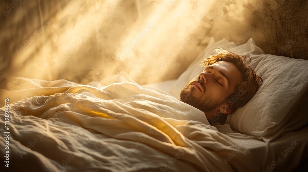 Poster Nestled in soft bedding, a man enjoys a restful sleep under gentle rays of sunlight filtering through the window, creating a serene atmosphere of relaxation and comfort