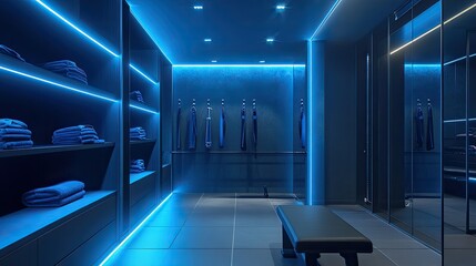Modern blue-lit walk-in closet with clothes and bench.