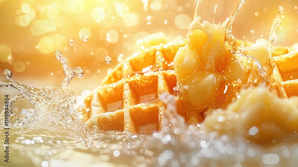 Poster golden waffle with melting butter splashing into warm syrup creating a delicious breakfast scene cap