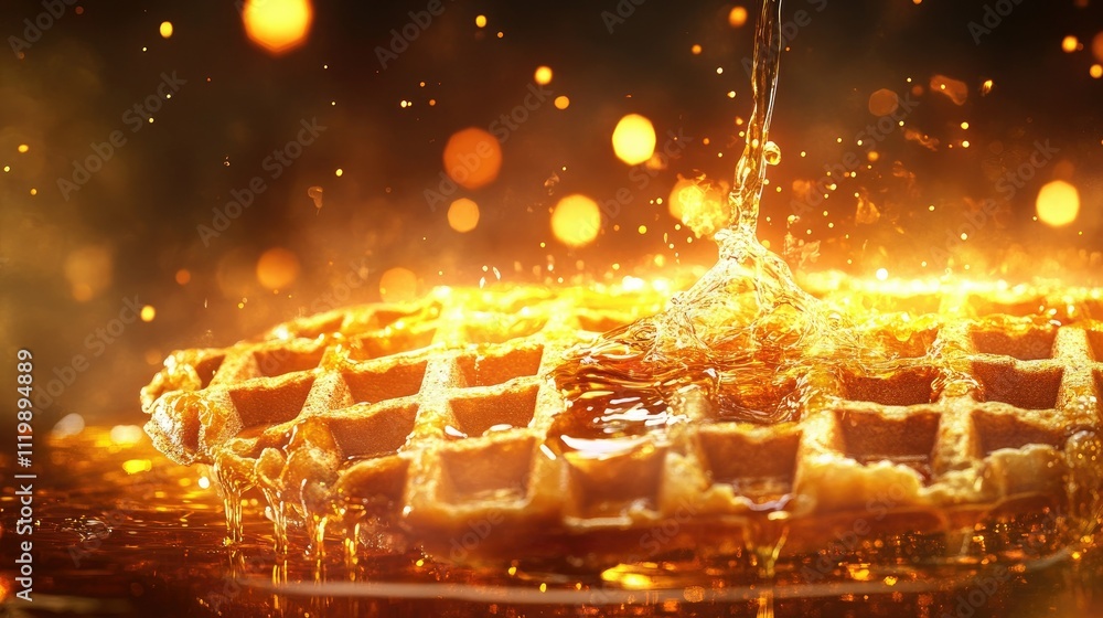 Poster golden maple syrup pours over a delicious waffle surrounded by gleaming bokeh lights capturing a war