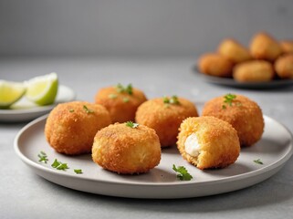 A small white plate featuring golden-brown croquetas.