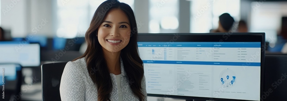 Poster A smiling woman in an office setting, working at a computer with data displayed.