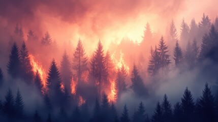 Fototapeta premium Dramatic Forest Fire Illuminating Smoky Landscape at Dusk with Majestic Evergreen Trees and Fiery Flames Creating a Haunting Atmosphere and Nature's Fury