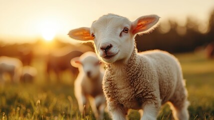 Obraz premium A cute lamb stands in a sunlit pasture, gazing into the camera amid a herd, capturing innocence and purity against a backdrop of warm, golden light.