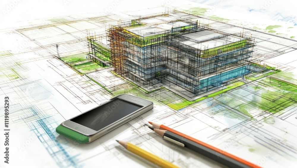 Poster a digital architectural model with a smartphone and pencils, showcasing design planning.