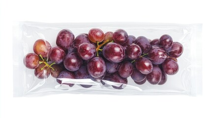 Red grapes in a clear plastic bag on white background.