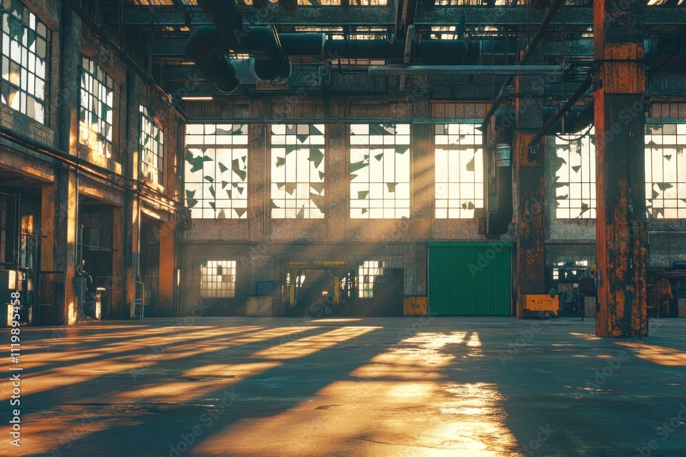Aufkleber a sunlit industrial space with large windows and scattered shadows on the floor.
