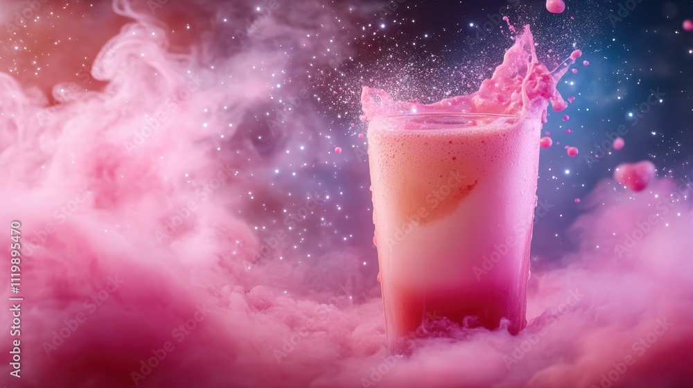 Poster this image highlights a pink drink being splashed in a vivid, ethereal manner, creating a magical an