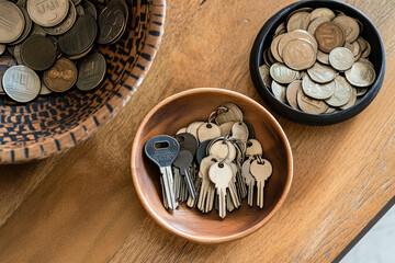 Keys and Coins in Bowls on Wooden Table