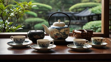 Elegant Tea Set Beside Garden Window View