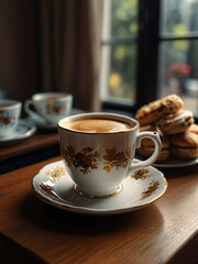 Fototapeta premium Savoring afternoon tea with elegant teacups and sweets.