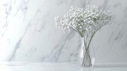 Minimalist display of Baby’s Breath flowers in a clear glass vase, isolated on a white marble background
