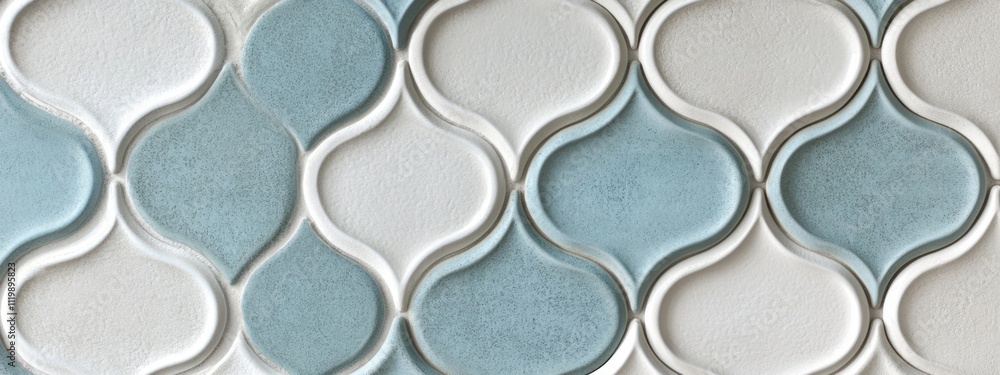 Poster a decorative tile design featuring a pattern of interlocking shapes in blue and white.