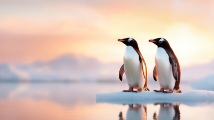 Obraz premium Gentoo penguins elegantly poised on an icy surface under a pastel sunset exemplify nature's beauty and serene moments, perfect for wildlife or stock photography use.