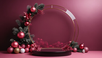 Mockup, a shiny glass round podium with decorations, isolated on a plain magenta background, Ai generated images