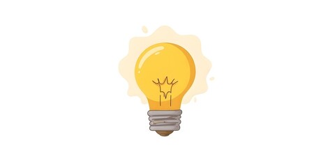 A bright yellow light bulb with a glowing filament, against a white background with a soft yellow glow