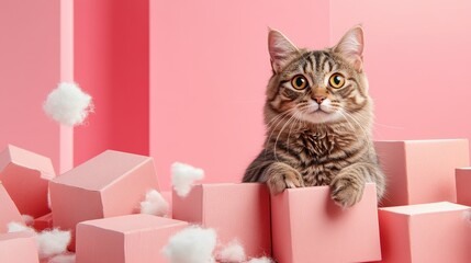 Obraz premium A playful tabby kitten emerges from among pastel pink boxes in a bright indoor setting, capturing the essence of playfulness, curiosity, and charm.